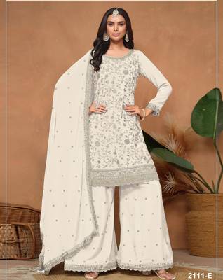 White vichitra silk suit with embroidered sequin  1