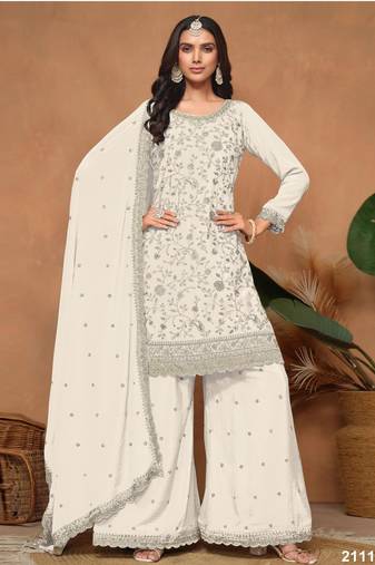 White vichitra silk semi stitched suit with embroidery & sequence work