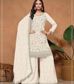 White vichitra silk semi stitched suit with embroidery & sequence work