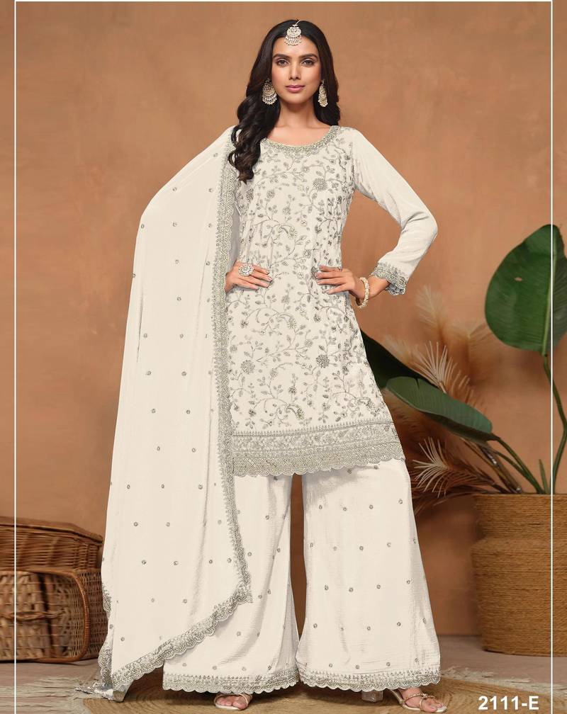 White vichitra silk semi stitched suit with embroidery & sequence work