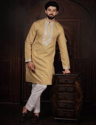 Chiku color stylish cotton fabric ethnic traditional rich kurta payjama for men 4