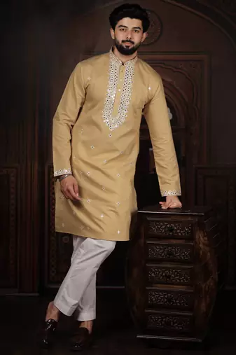 Chiku color stylish cotton fabric ethnic traditional rich kurta payjama for men