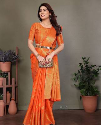 Orange blended cotton woven zari work saree with blouse 4