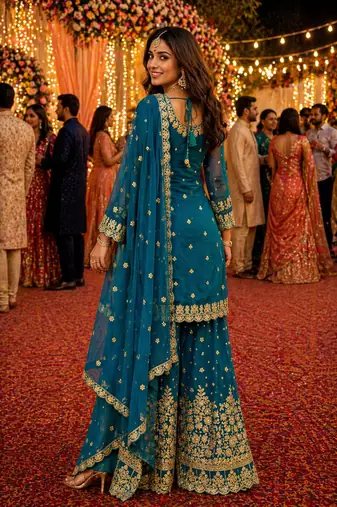 Teal blue georgette free size suit with embroidered diamond 
