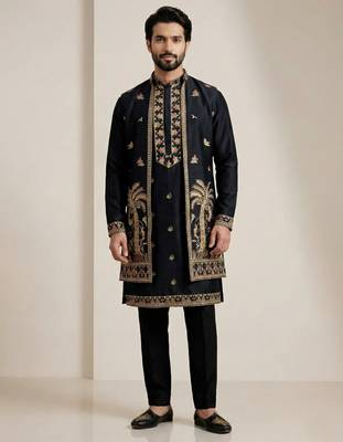 Black doniyar shartin premium designer festive wear kurta pyjama with long jacket set 3