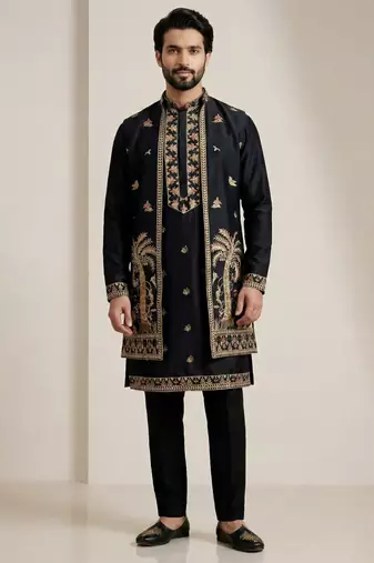 Black doniyar shartin premium designer festive wear kurta pyjama with long jacket set