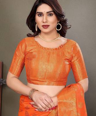 Orange blended cotton woven zari work saree with blouse 5