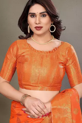 Orange blended cotton woven zari work saree with blouse