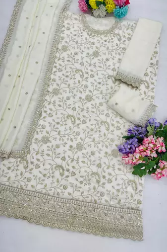 White vichitra silk suit with embroidered sequin 