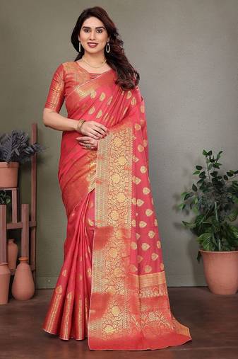 Red blended cotton woven zari work saree with blouse
