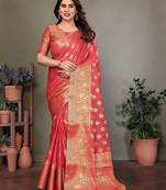 Red blended cotton woven zari work saree with blouse