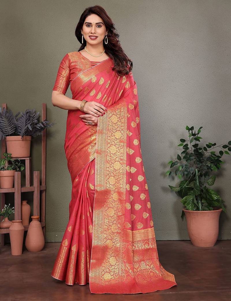 Red blended cotton woven zari work saree with blouse