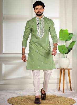 Pista color stylish cotton fabric ethnic traditional rich kurta payjama for men 1