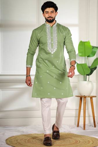 Pista color stylish cotton fabric ethnic traditional rich kurta payjama for men