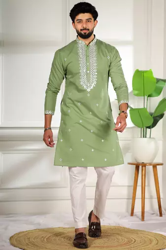 Pista color stylish cotton fabric ethnic traditional rich kurta payjama for men