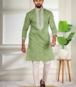 Pista color stylish cotton fabric ethnic traditional rich kurta payjama for men