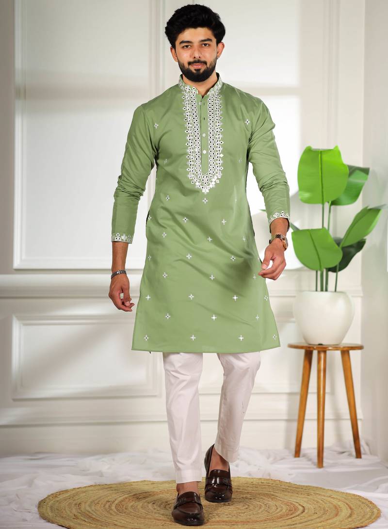 Pista color stylish cotton fabric ethnic traditional rich kurta payjama for men