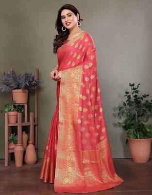 Red blended cotton woven zari work saree with blouse 2