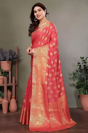 Red blended cotton woven zari work saree with blouse