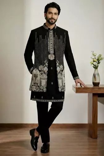Black doniyar shatin premium designer festive wear indo western set