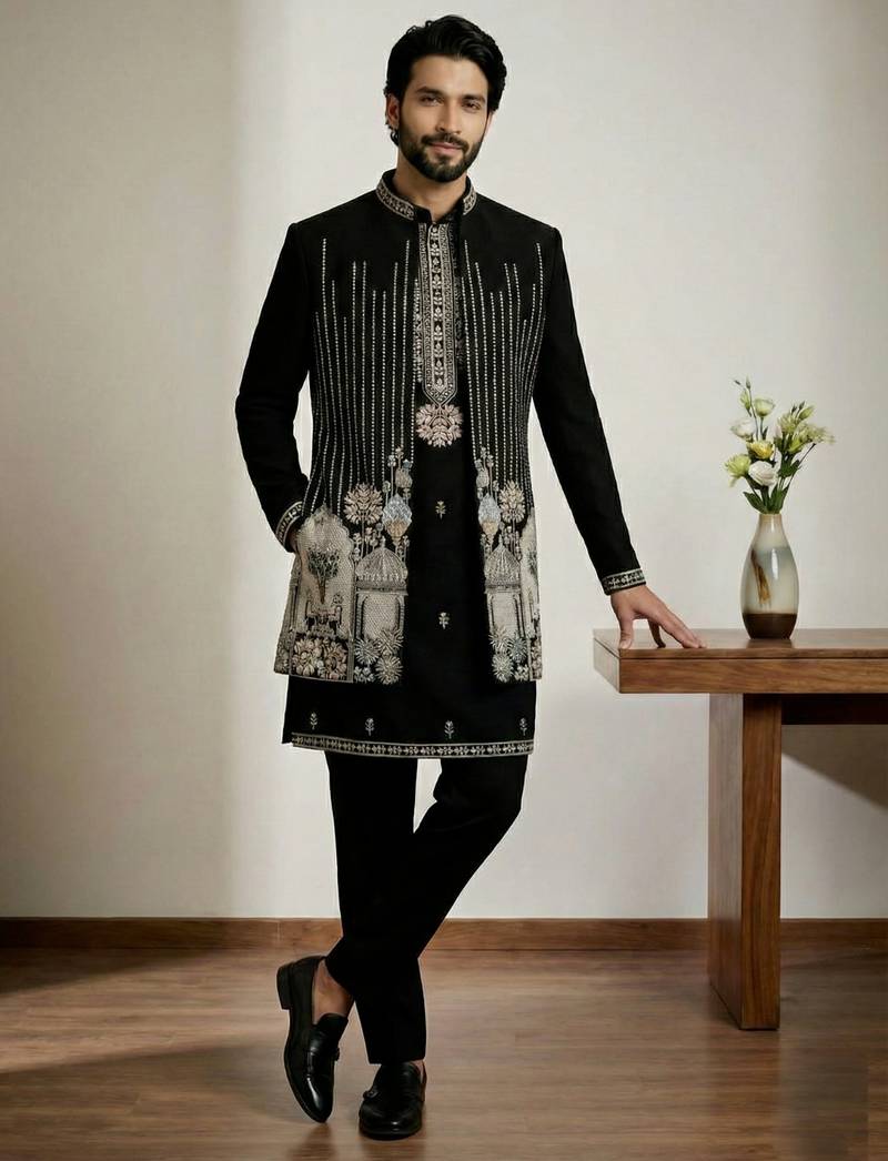 Black doniyar shatin premium designer festive wear indo western set