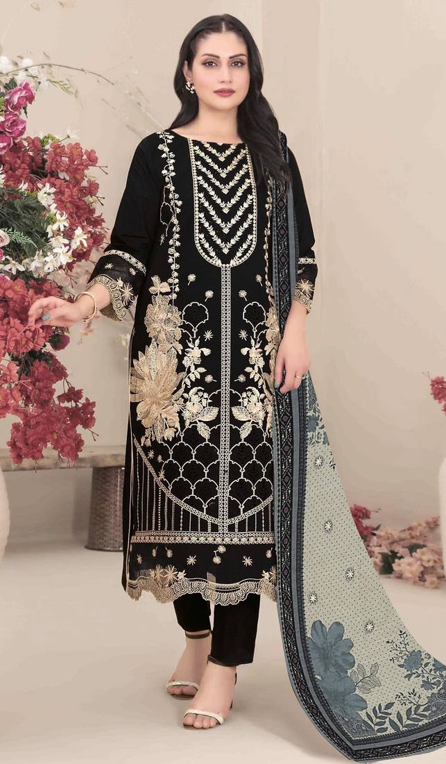 Black fox georgette semi stitched suit with embroidery & khatli work