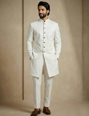 White donier jacquard premium designer festive wear indo western set 2