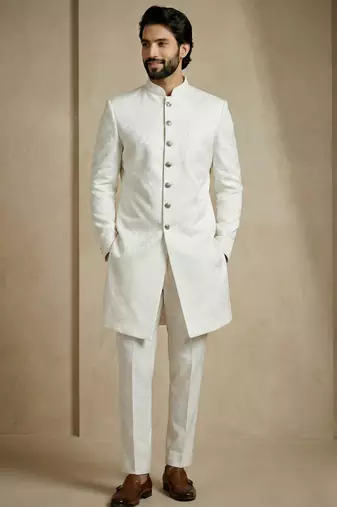 White donier jacquard premium designer festive wear indo western set