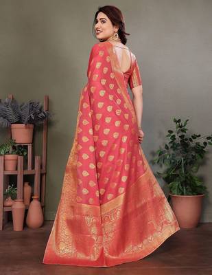Red blended cotton woven zari work saree with blouse 3