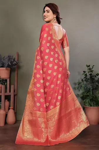 Red blended cotton woven zari work saree with blouse