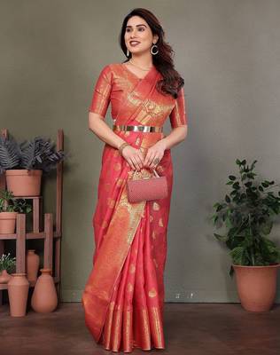 Red blended cotton woven zari work saree with blouse 4