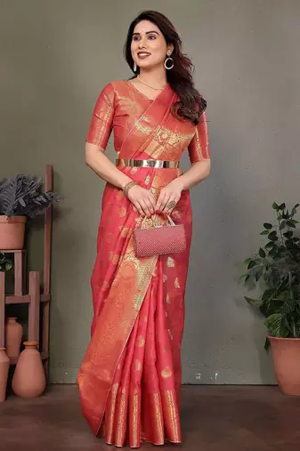 Red blended cotton woven zari work saree with blouse