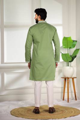 Pista color stylish cotton fabric ethnic traditional rich kurta payjama for men 2
