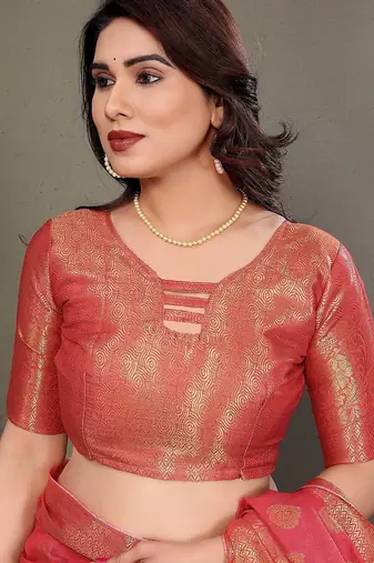 Red blended cotton woven zari work saree with blouse