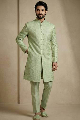 green donier jacquard premium designer festive wear indo western set