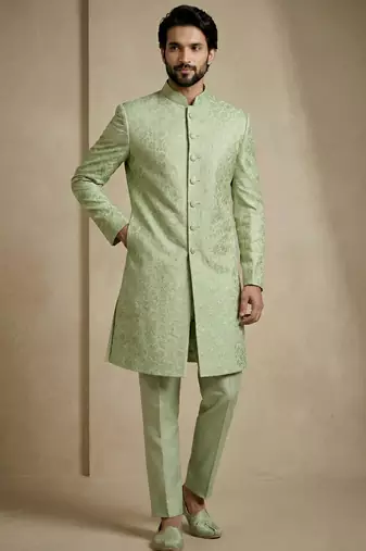 green donier jacquard premium designer festive wear indo western set