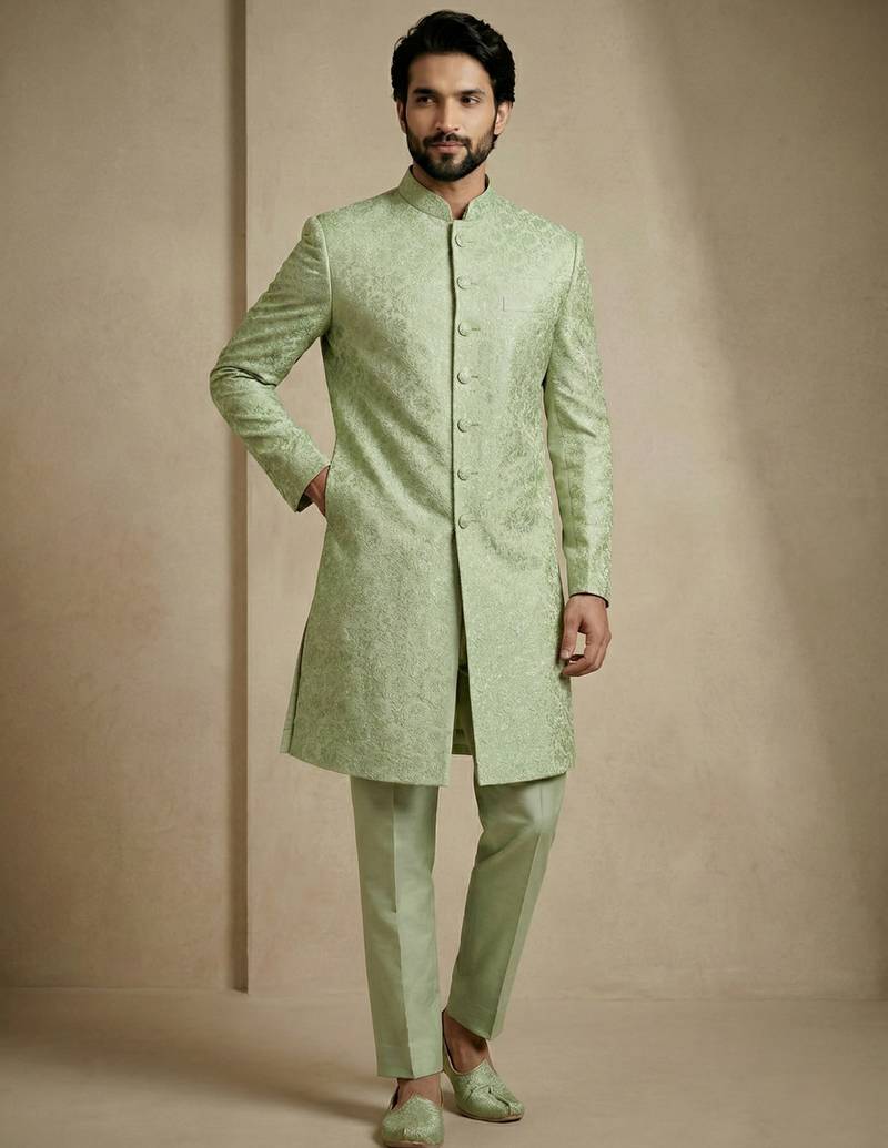 green donier jacquard premium designer festive wear indo western set