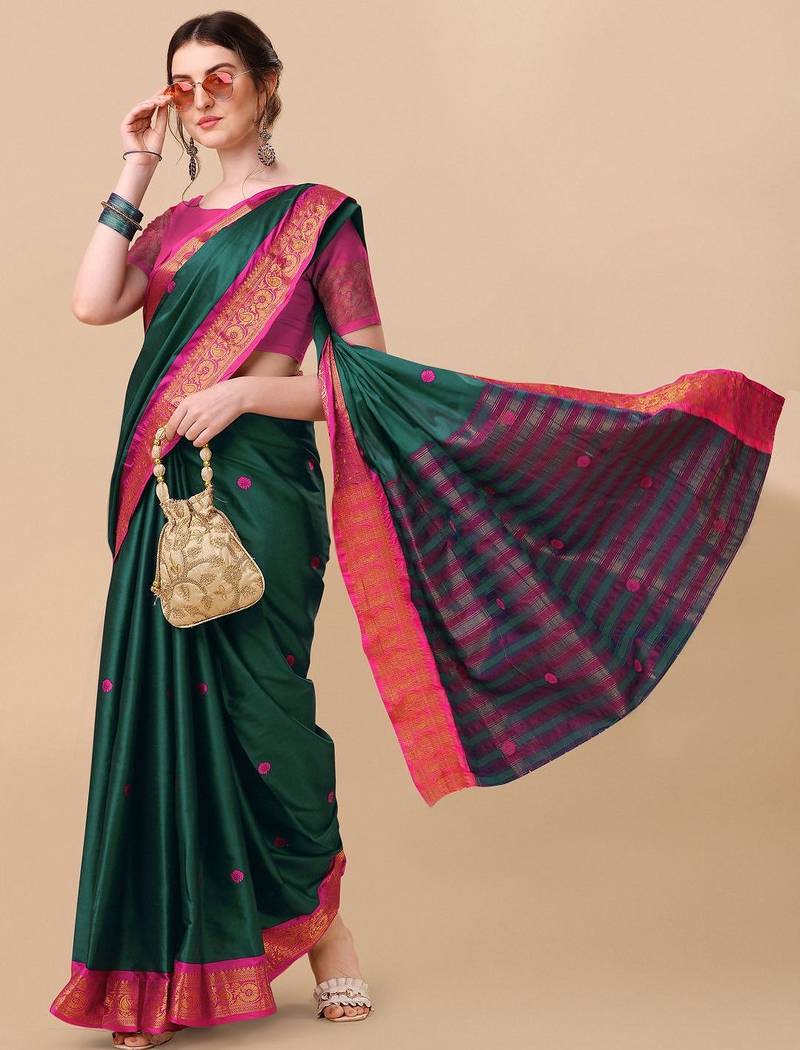 Green pure cotton woven zari work saree with blouse