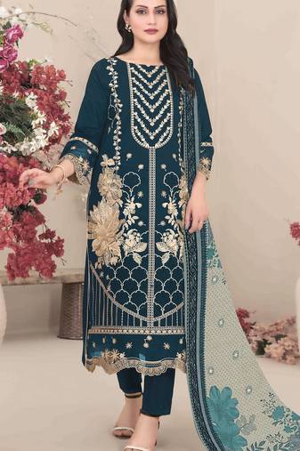 D blue fox georgette semi stitched suit with embroidery & khatli work