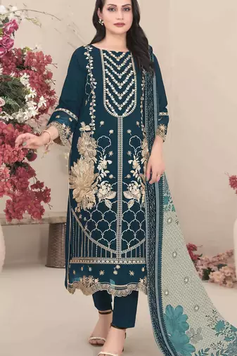 D blue fox georgette semi stitched suit with embroidery & khatli work