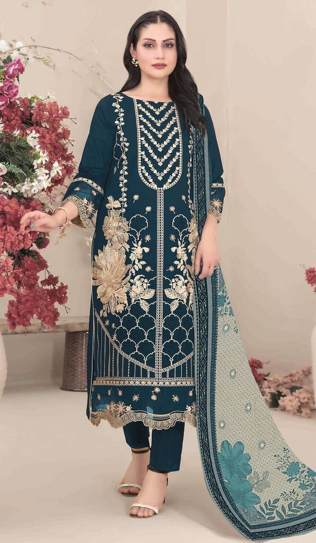 D blue fox georgette semi stitched suit with embroidery & khatli work