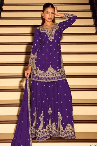 Violet chinon free size stitched suit with embroidery beats work