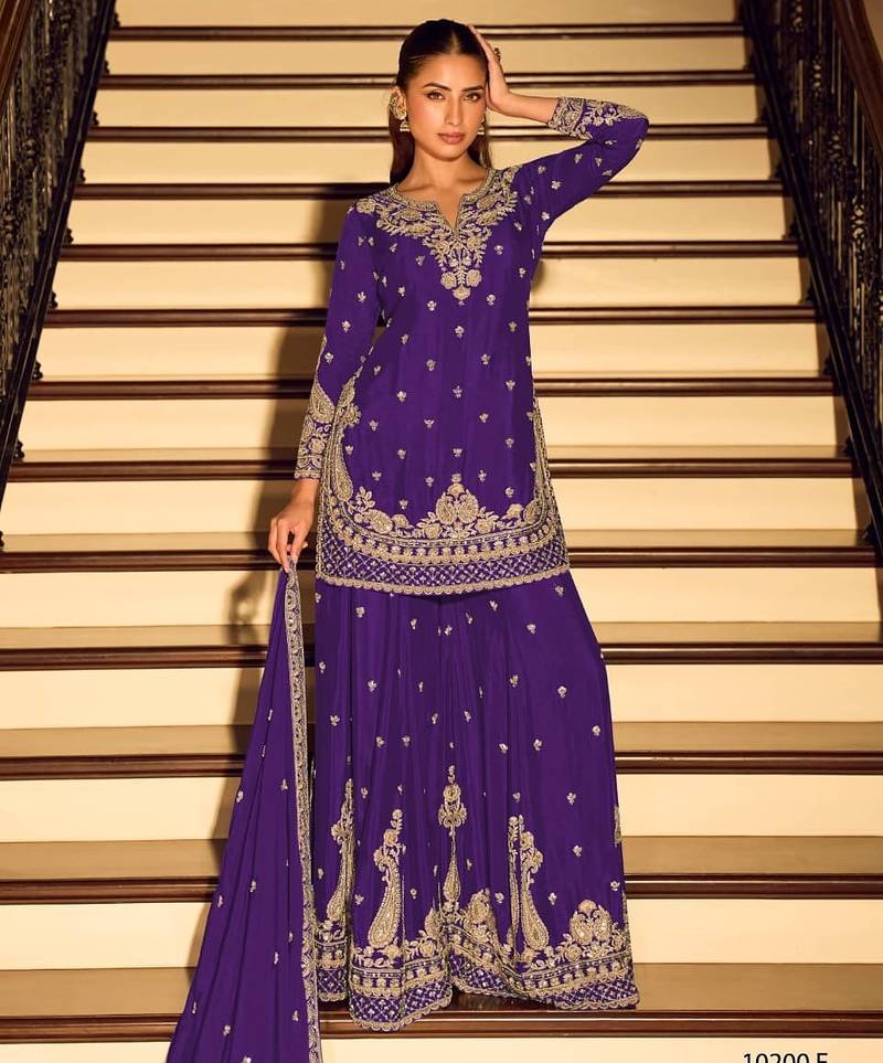 Violet chinon free size stitched suit with embroidery beats work