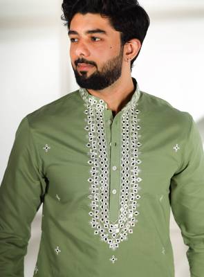 Pista color stylish cotton fabric ethnic traditional rich kurta payjama for men 3