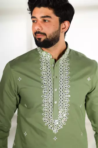 Pista color stylish cotton fabric ethnic traditional rich kurta payjama for men
