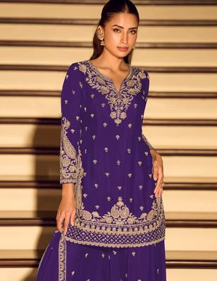 Violet chinon free size stitched suit with embroidery beats  2