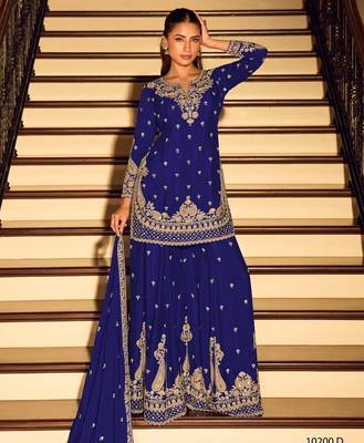 D blue chinon free size stitched suit with embroidery beats  1