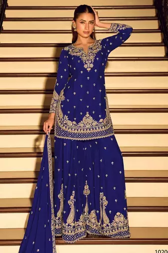 D blue chinon free size stitched suit with embroidery beats work
