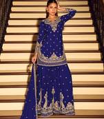 D blue chinon free size stitched suit with embroidery beats work