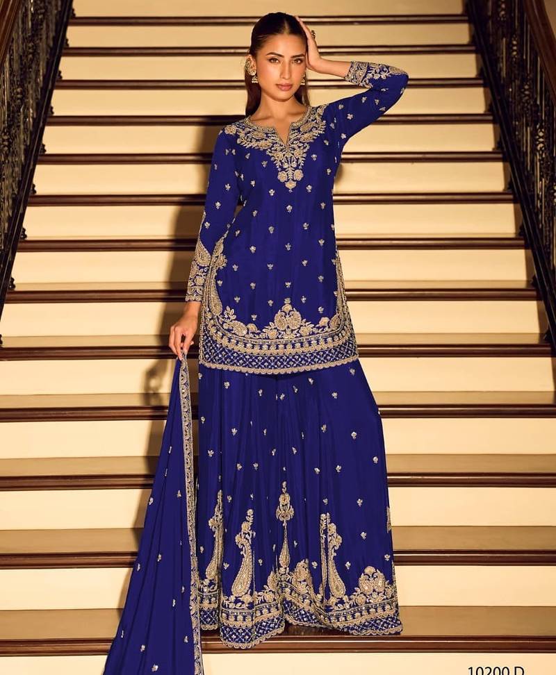 D blue chinon free size stitched suit with embroidery beats work